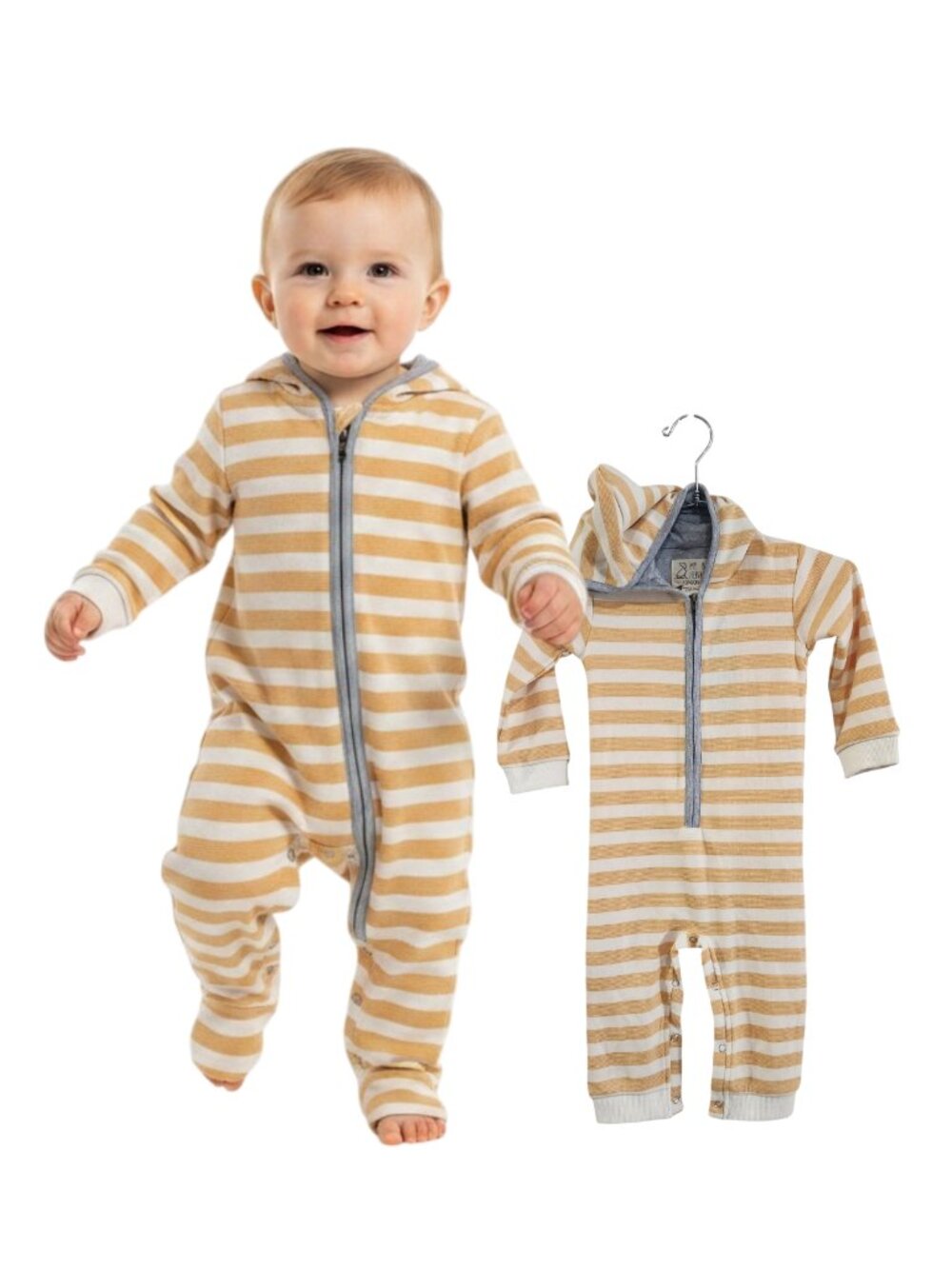 NWT - ME & HENRY Light Orange Stripe Hooded Romper - 100% cotton - Size 12/18m